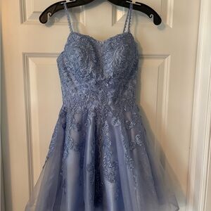 Lace-Embroidered Light Blue Spaghetti-Strap Mini Dress